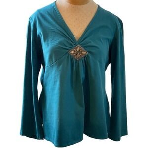 Nicki Nicole Miller Women's Caribbean Turquoise V-Neck‎ Long Sleeve Top XXL